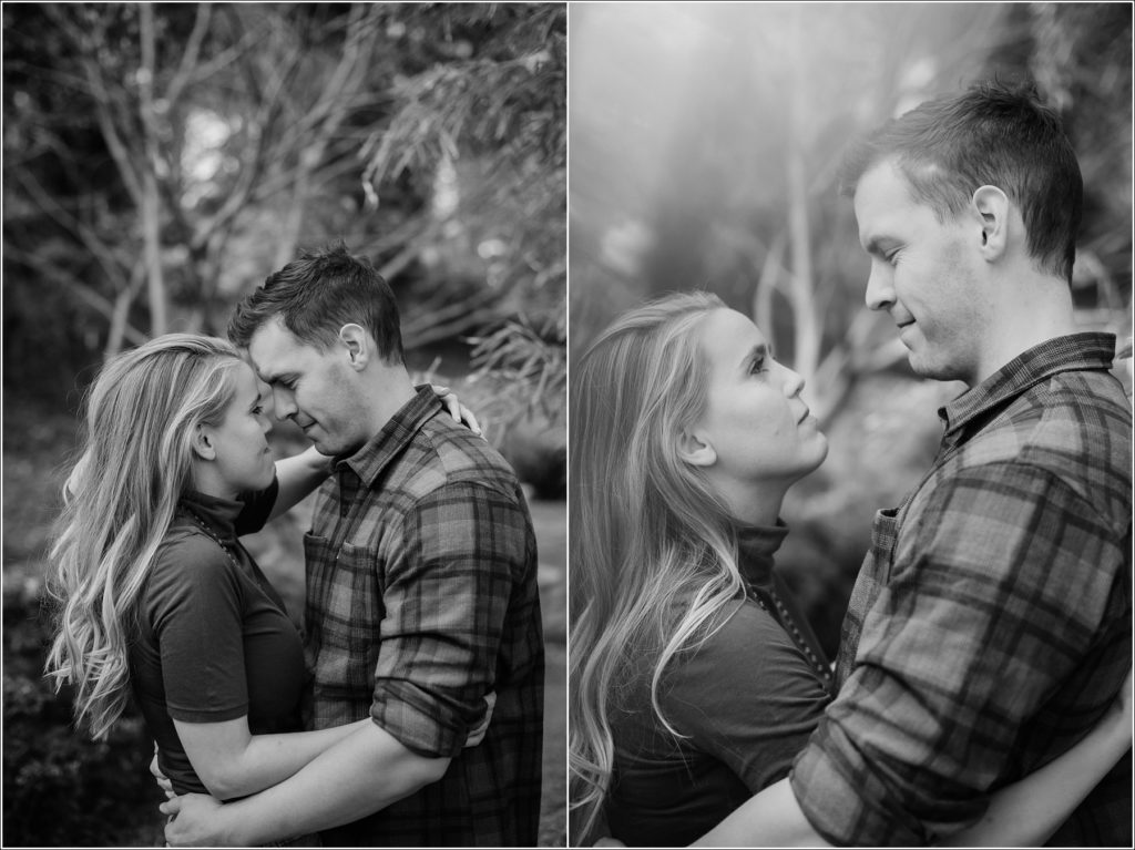 black and white image of couple embracing in asian garden for national arboretum engagement photos