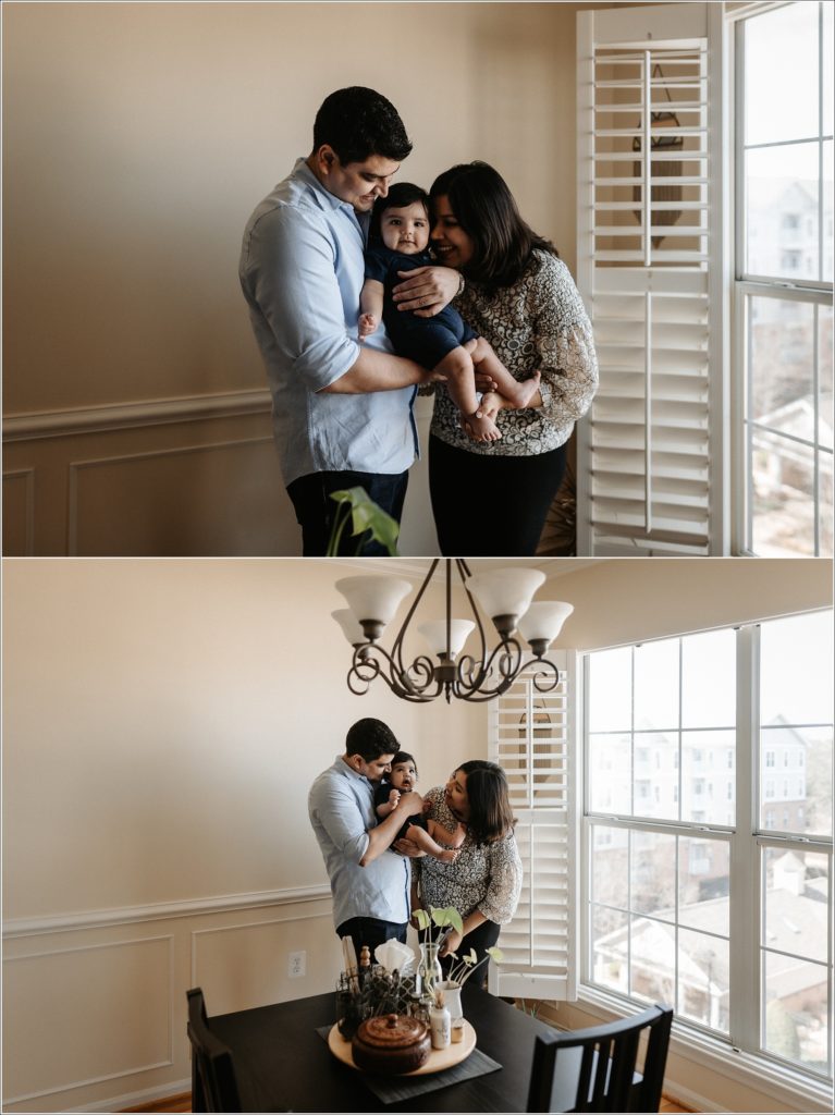 mom and dad pose with baby in newborn photography at home