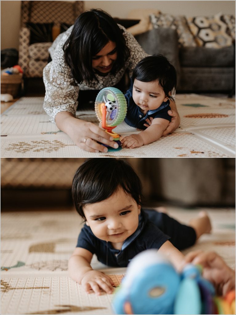 mom plays with baby on floor on playmat in newborn photography at home