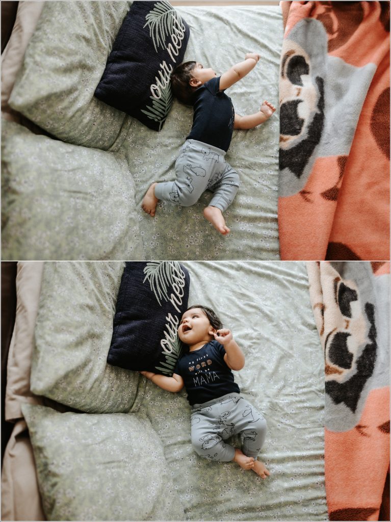 baby lays on green sheets in newborn photography at home