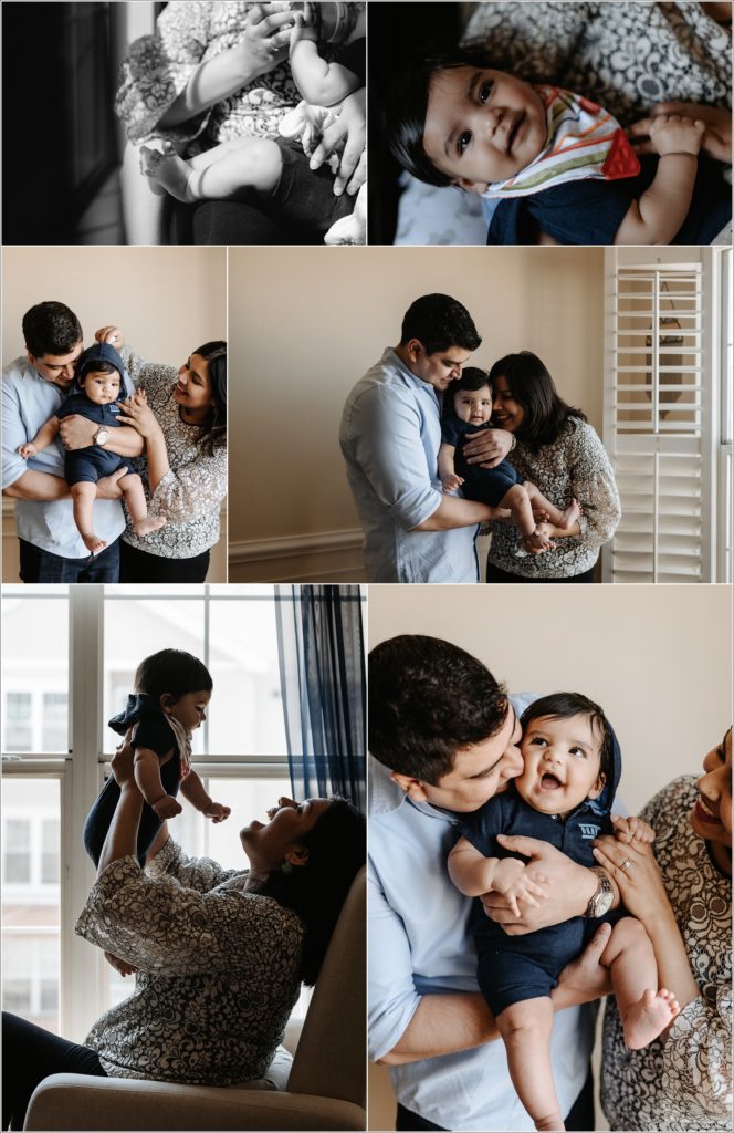 collage of photos of mom and dad holding baby in dark blue onesie in newborn photography at home