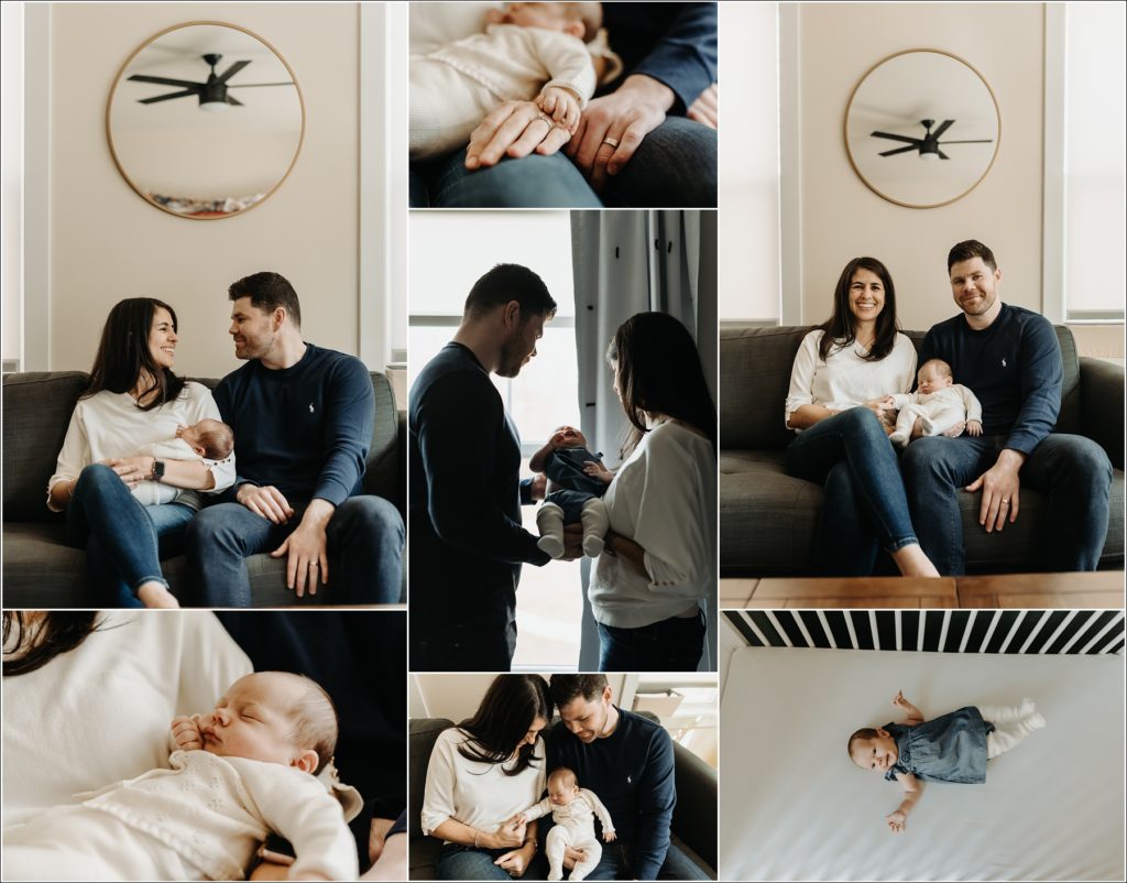 collage of photos for in home newborn photography with mom and dad wearing cream and navy blue sweaters