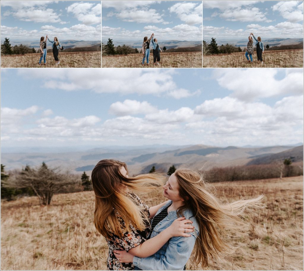 two women pose on roan mountain for surprise proposal engagement photos