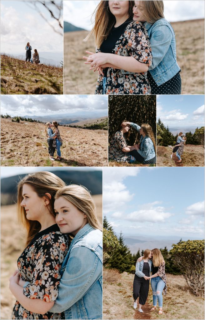 collage of two women at surprise proposal on roan mountain in jeans and polka dots and floral tops