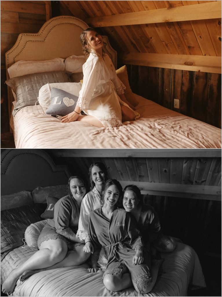 bride and bridesmaids pose on bed at the barns at chip ridge