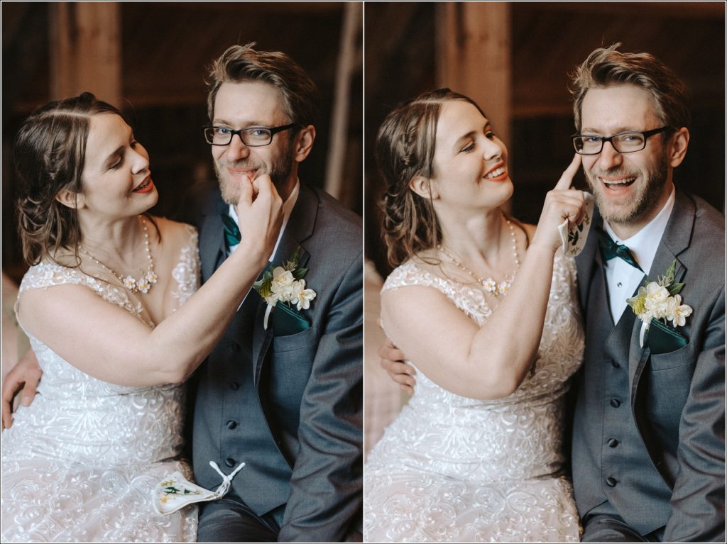 bride wipes lipstick off of grooms face at the barns at chip ridge