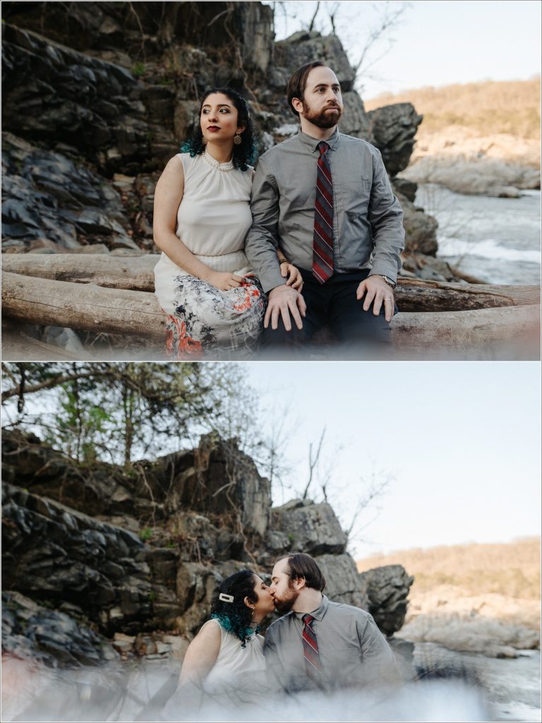 couple snuggles up at sunset with grey button and red tie and white dress with pearls at great falls state park for photoshoot