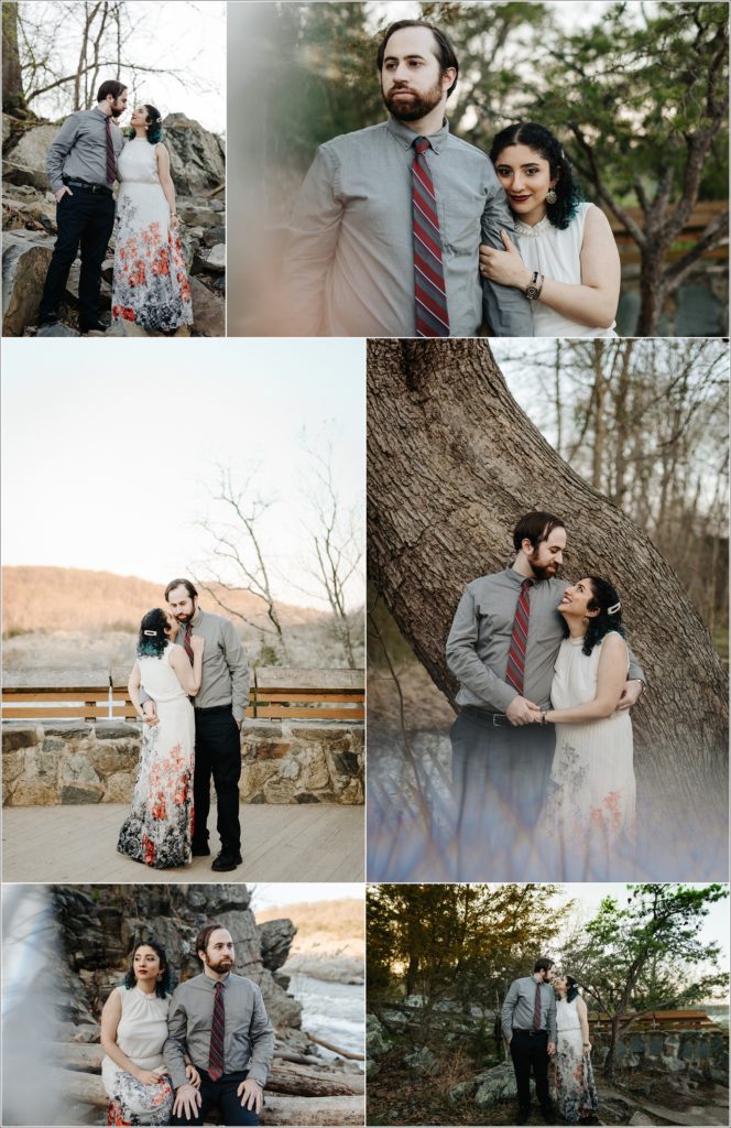 collage of couple in white dress and pearls and grey button up and red striped tie at great falls virginia with dc photographer