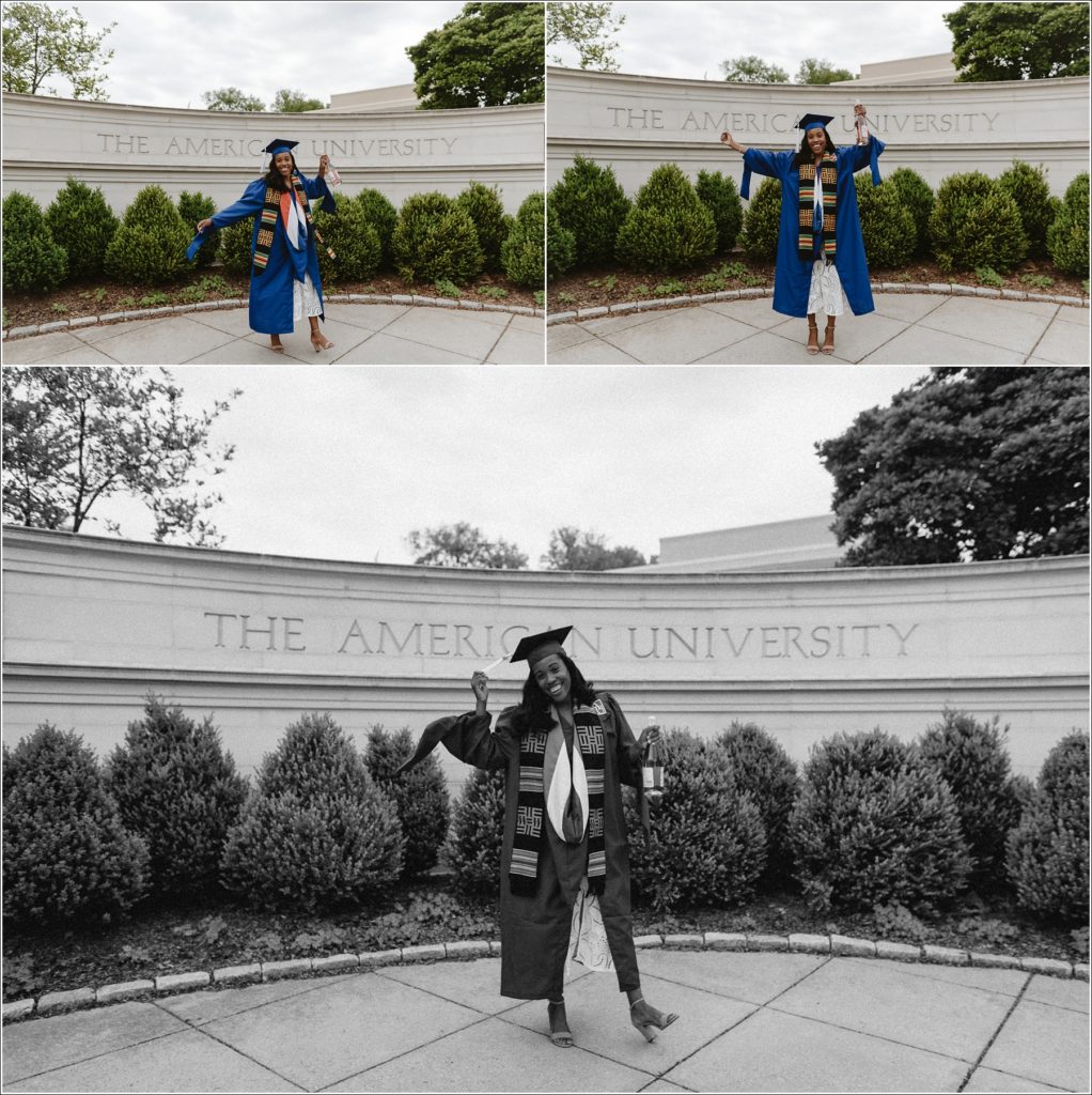 american university graduation photos in front of school in blue cap and gown with champagne