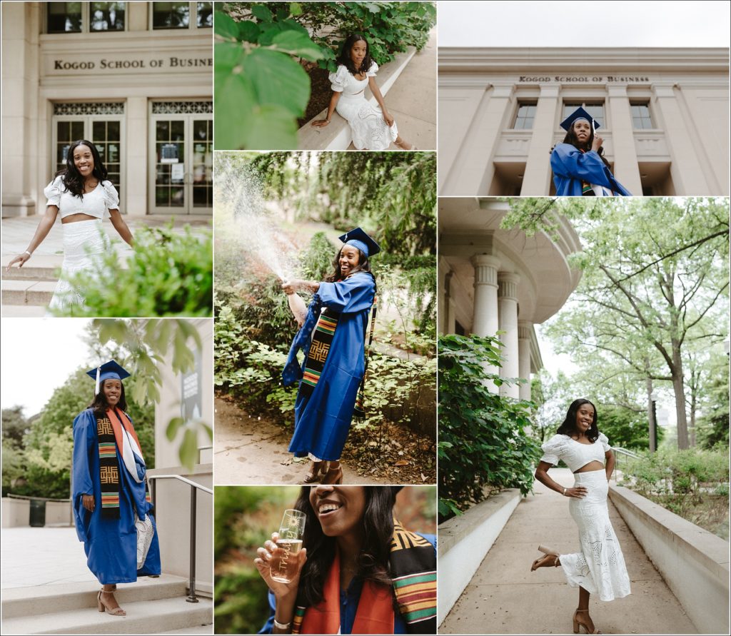 collage of american university graduation photos in blue cap and gown in front of kogod school of business