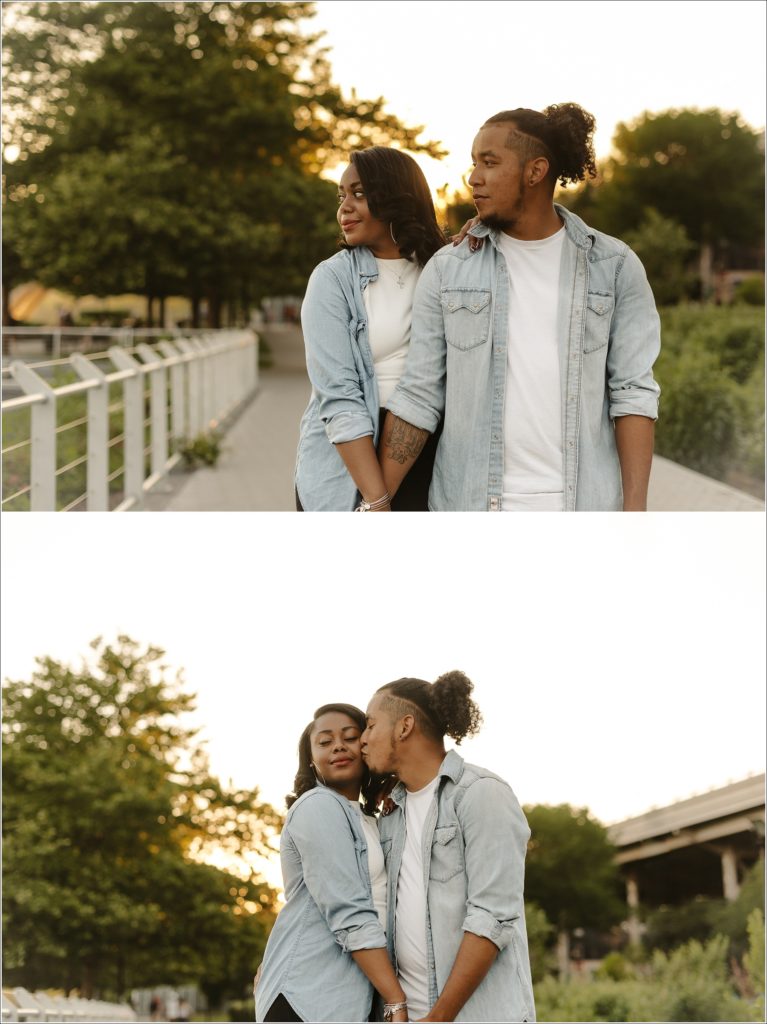couple poses in engagement photos in georgetown wearing jean material