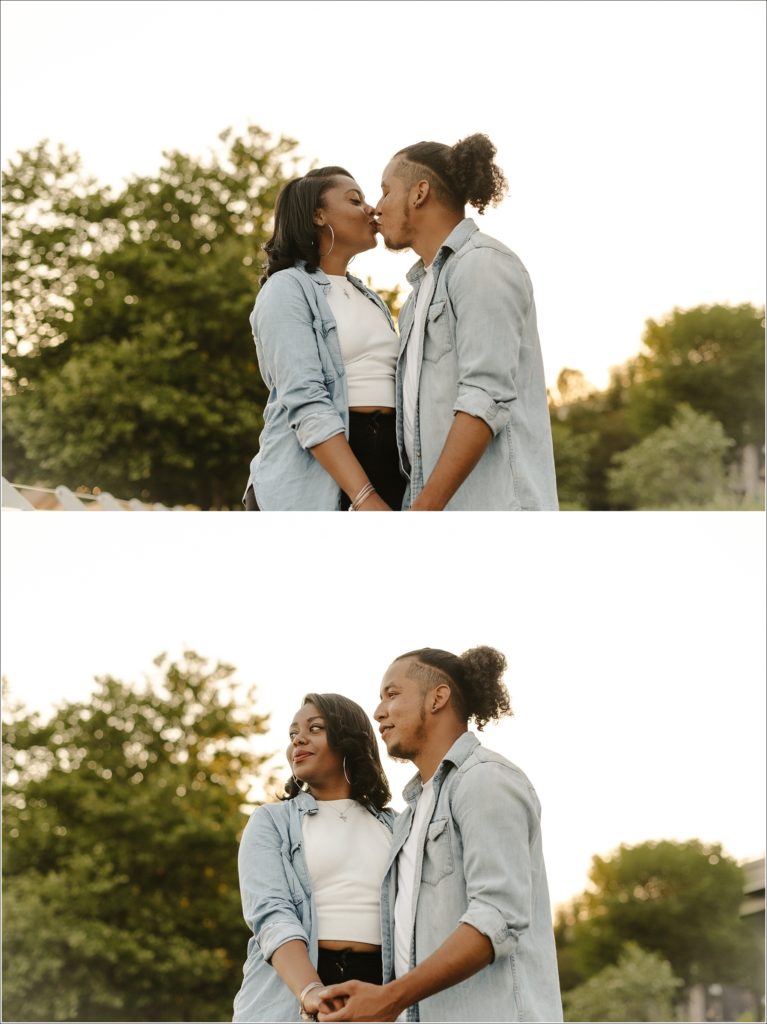 couple poses in engagement photos in georgetown wearing jean material
