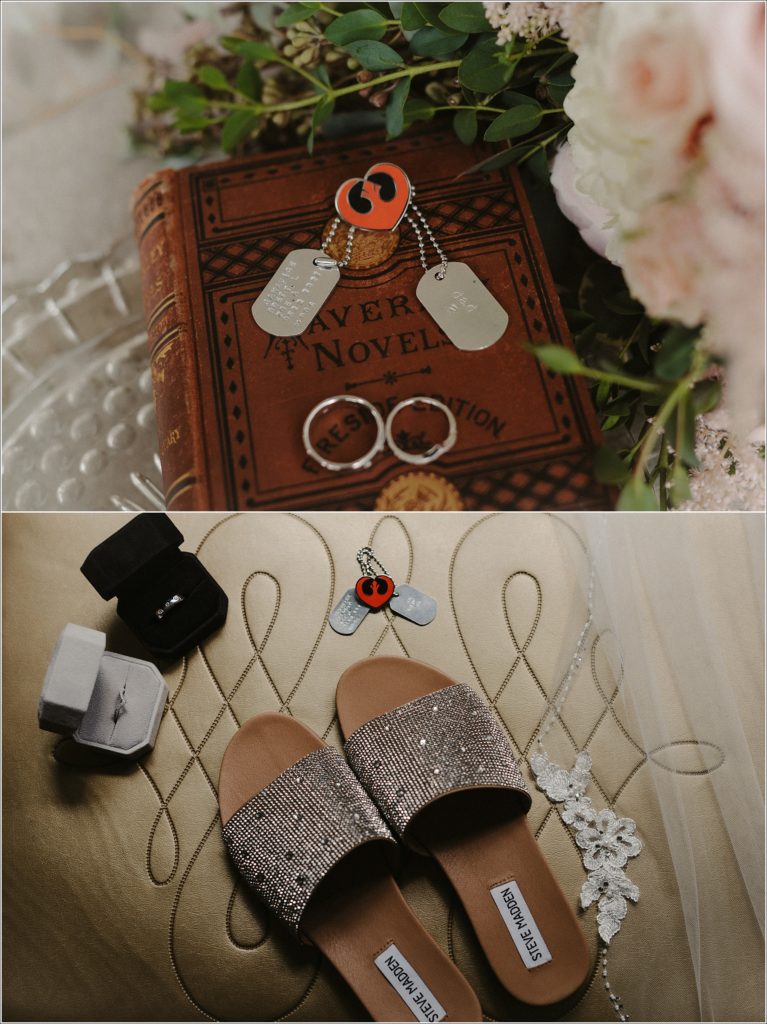 details of bristol tennessee backyard wedding with steve madden shoes and dog tags