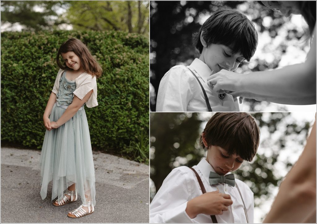 kids get ready for backyard wedding in northeast tennessee with star wars pin
