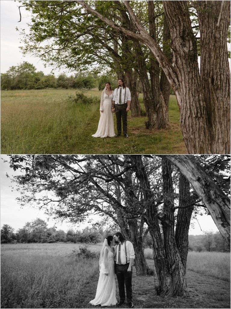 couple poses underneath walnut trees in green grass in Northeast tennessee wedding with abingdon photographer