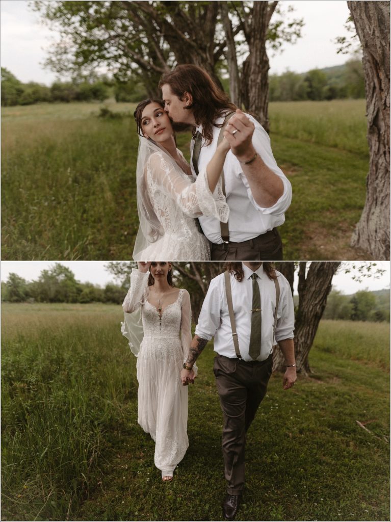couple poses underneath walnut trees in green grass in Northeast tennessee wedding with abingdon photographer
