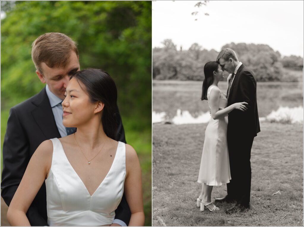 a bride and groom pose together near a lake in Ellicott City