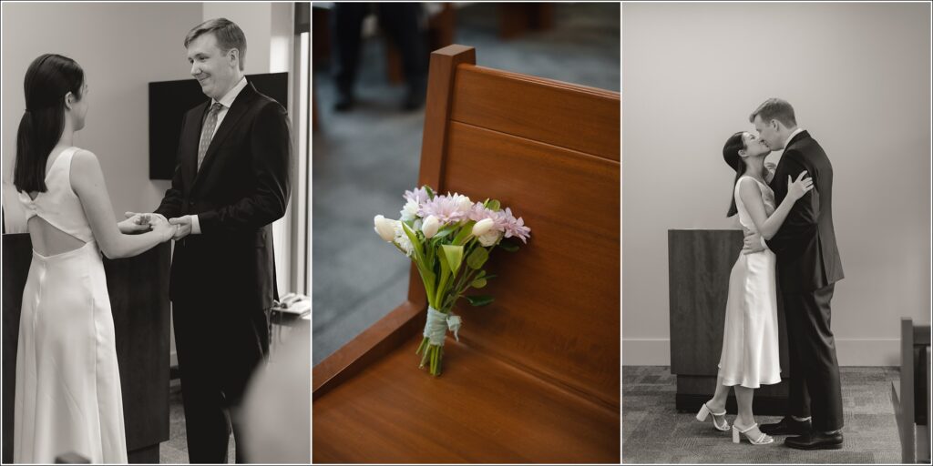 a woman in a white white dress and man in black suit stand at their howard county courthouse wedding