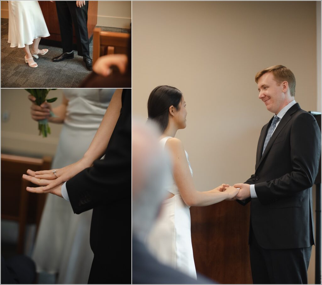 a woman in a white white dress and man in black suit stand at their howard county courthouse wedding